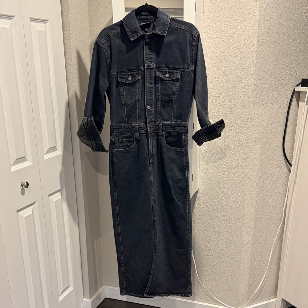 Long Dark Denim Jacket Dress - Deep Blue Wash - so cute